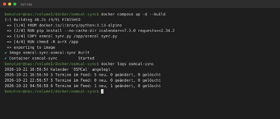 Terminal mit docker compose up und docker logs osmcal-sync